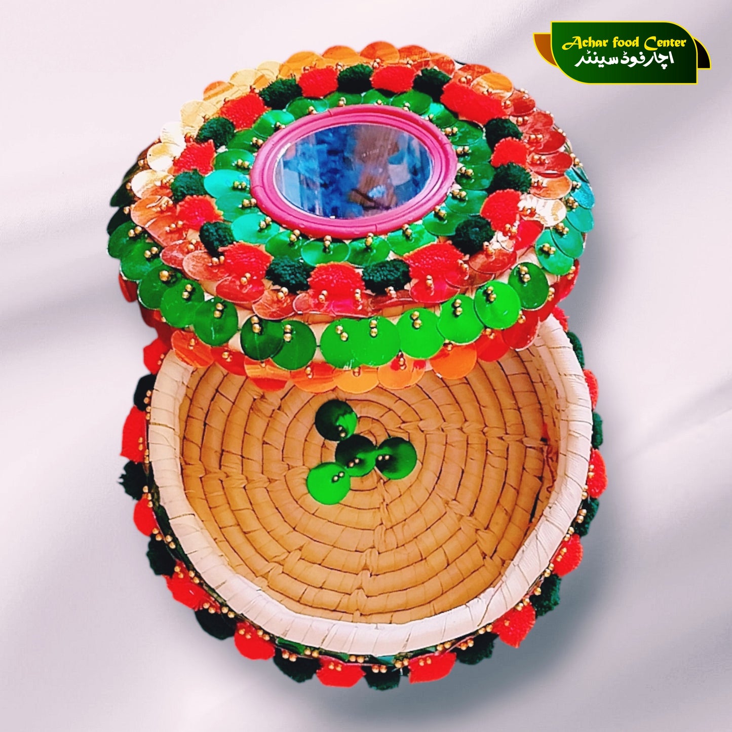 Decorated Handicrafted Multicolor Traditional Roti Basket With Lid ( Hotpot Shape) Pindo Model 1