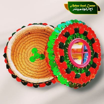 Decorated Handicrafted Multicolor Traditional Roti Basket With Lid ( Hotpot Shape) Pindo Model 1