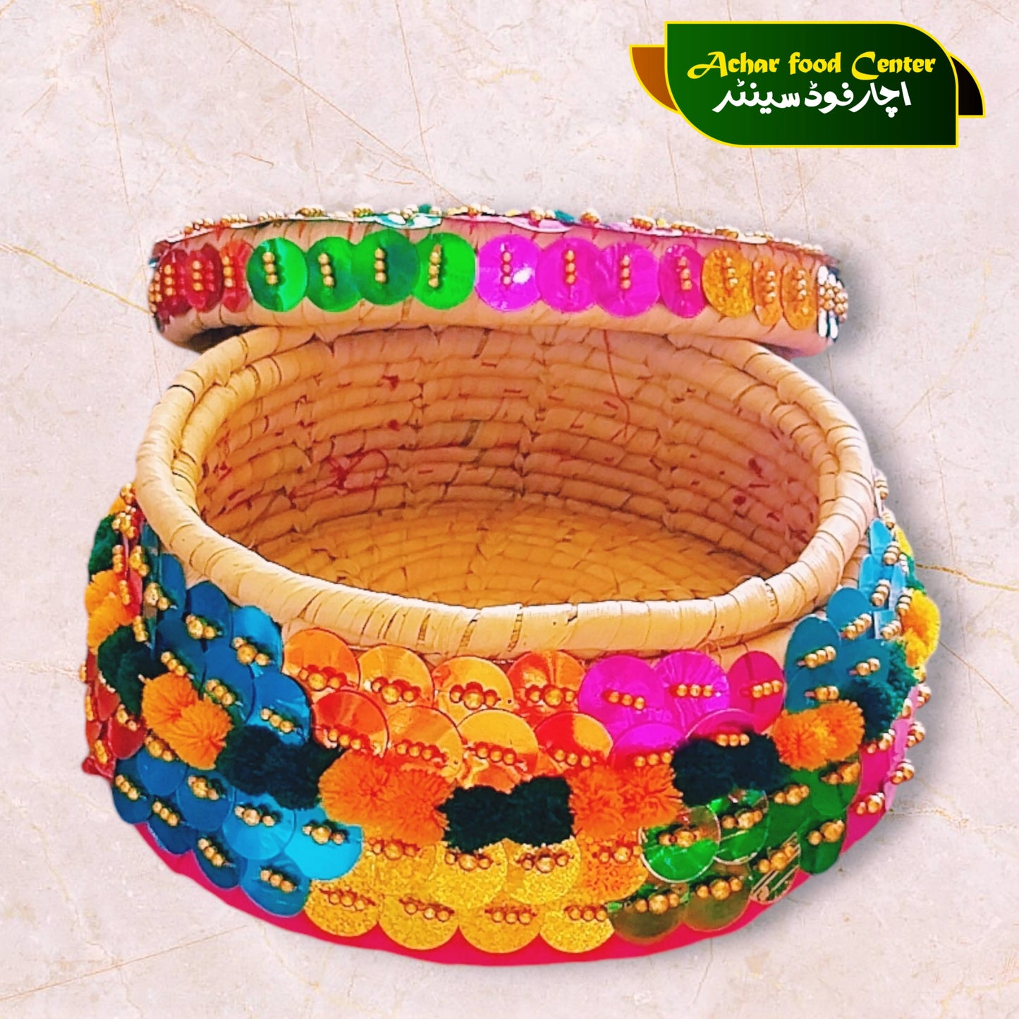 Decorated Handicrafted Multicolor Traditional Roti Basket with Lid (Hotpot Shape) Pindo Model 2