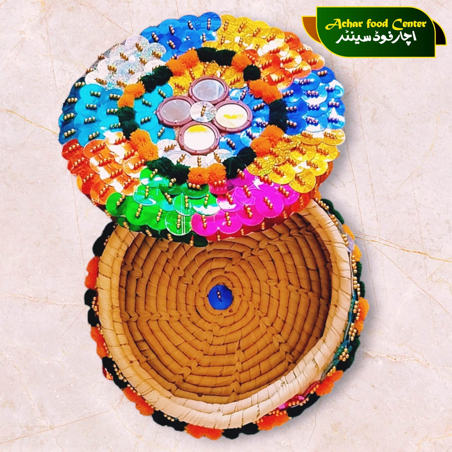 Decorated Handicrafted Multicolor Traditional Roti Basket with Lid (Hotpot Shape) Pindo Model 2