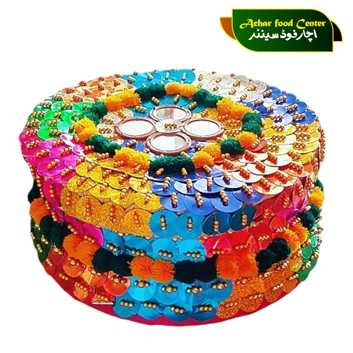 Decorated Handicrafted Multicolor Traditional Roti Basket with Lid (Hotpot Shape) Pindo Model 2