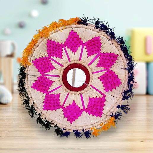 Pink Handicrafted Traditional Roti Basket with Mirror