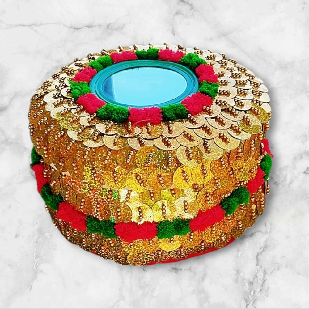 Golden Decorated Handicrafted Traditional Roti Basket With Lid ( Hotpot Shape) Model 3